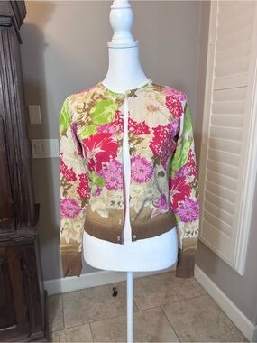 Lucky Brand Floral Crewneck Cardigan Sweater - Pink, Green & Cream XS EUC